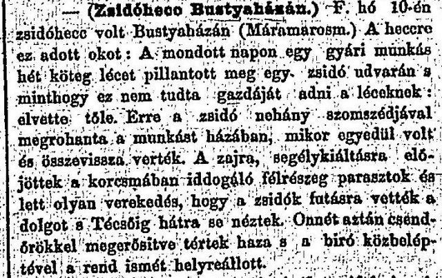„Zsidóhecc Bustyaházán.” (Forrás: Budapesti Hírlap, 1883. 09. 19., 5. o.)
